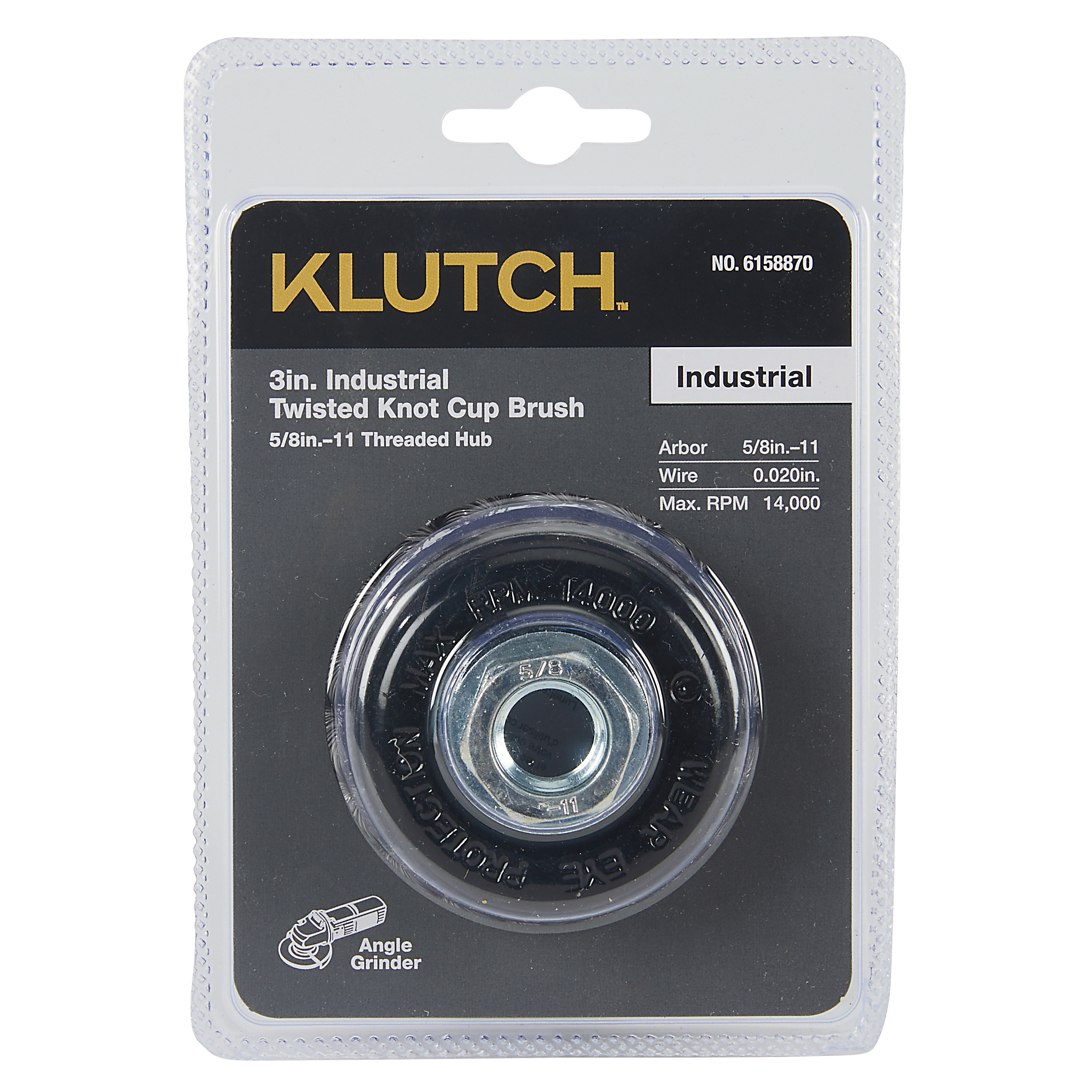 Klutch 3in. Industrial Twisted-Knot Cup Brush for Angle Grinders, 5/8in.-11, 12,500 RPM